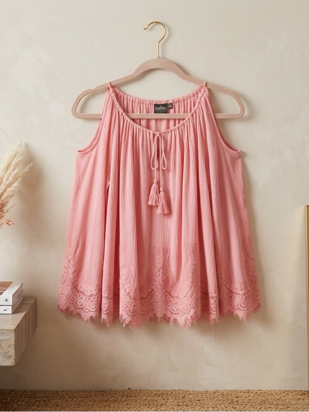 Soho Blush Pink Drop-Shoulder Tassel Tie Lace-Hem blouse